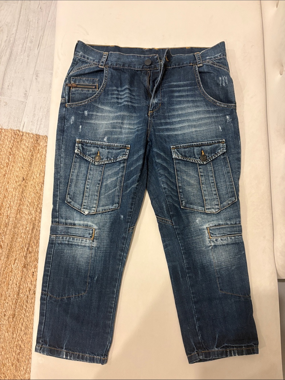 LONDONJEAN Women's Boyfriend Cargo Jeans in Washed Blue Denim